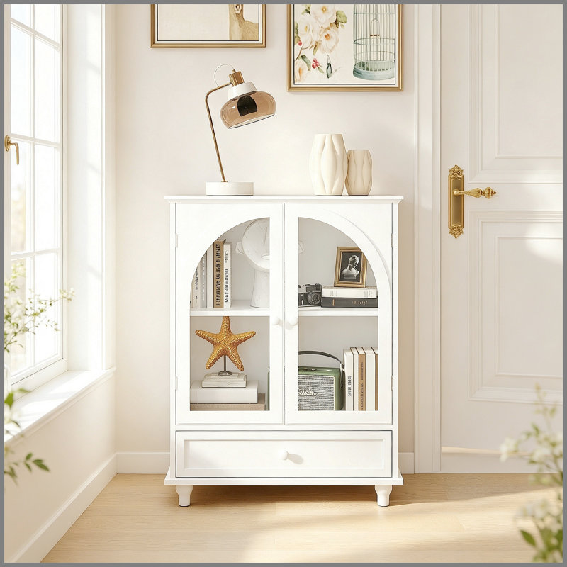 Buffet de ferme arqué avec porte en verre, armoire de rangement blanche avec plateau à niveaux et 1 tiroir, armoire-buffet pour le salon-bar