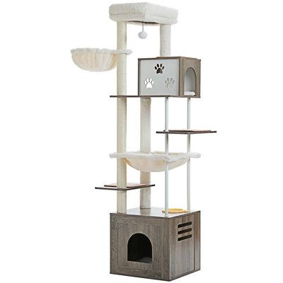 Grand arbre à chat avec station d'alimentation, tour en bois de 74,8 pouces avec très grands condos, hamacs et perchoir spacieux pour les grands chats d'intérieur
