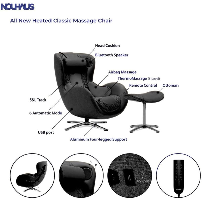 Space Black Leather Swivel Recliner with Ottoman and Massage