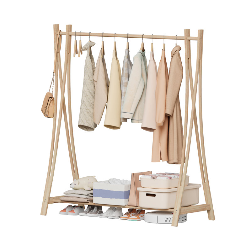 Portemanteaux suspendu en bois avec tablettes de rangement, l 52 po x H 57 po, Bois naturel