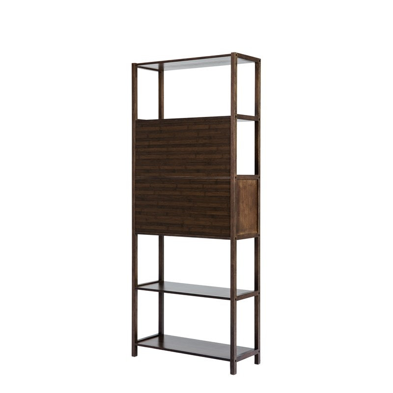 Bibliothèque droite en bambou avec armoire Cappuccino, (5 Shelves) 68"H x 28"W x 11.5"D, Cappuccino