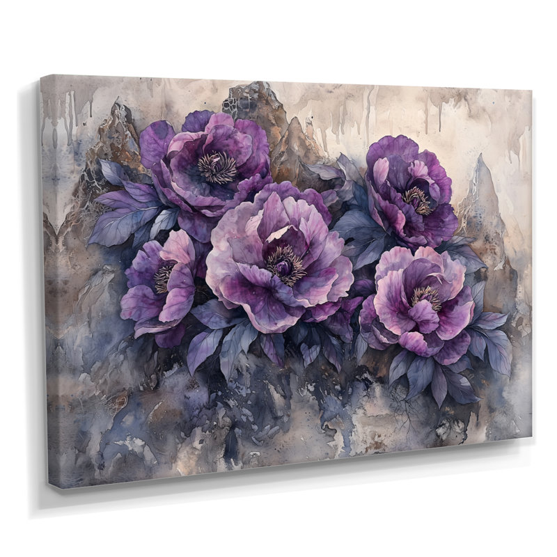 Lavande, pivoines sur le versant rocheux I - pivoines, art mural, H 24 po x l 32 po, Toile tendue
