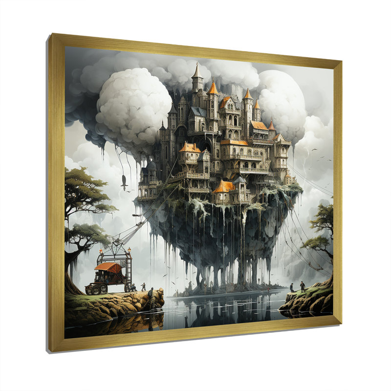 Surréalisme, château mystique - impression, Cadre doré simple, H 16 po x l 16 po x P 1 po