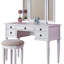 Ensemble de meuble-lavabo contemporain avec miroir pliable, tiroirs de rangement et tabouret rembourré blanc / bois massif + classique + contemporain-1183048945