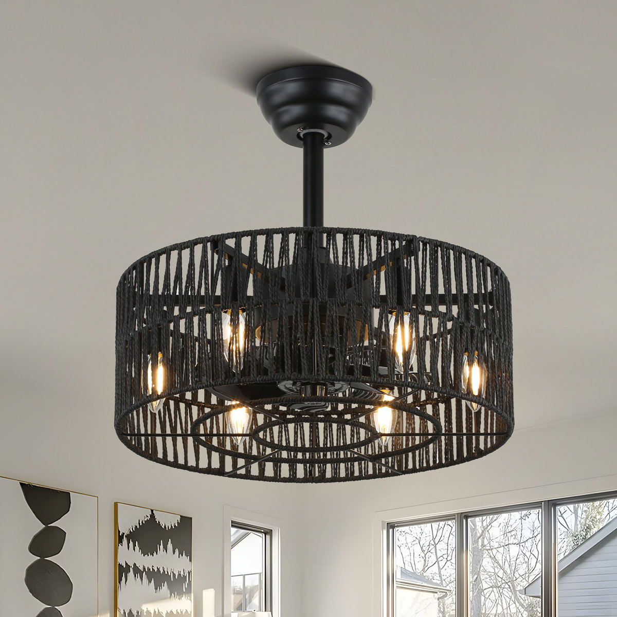 Angelyca Black Rattan Caged Ceiling Fan with Light Kit and Remote