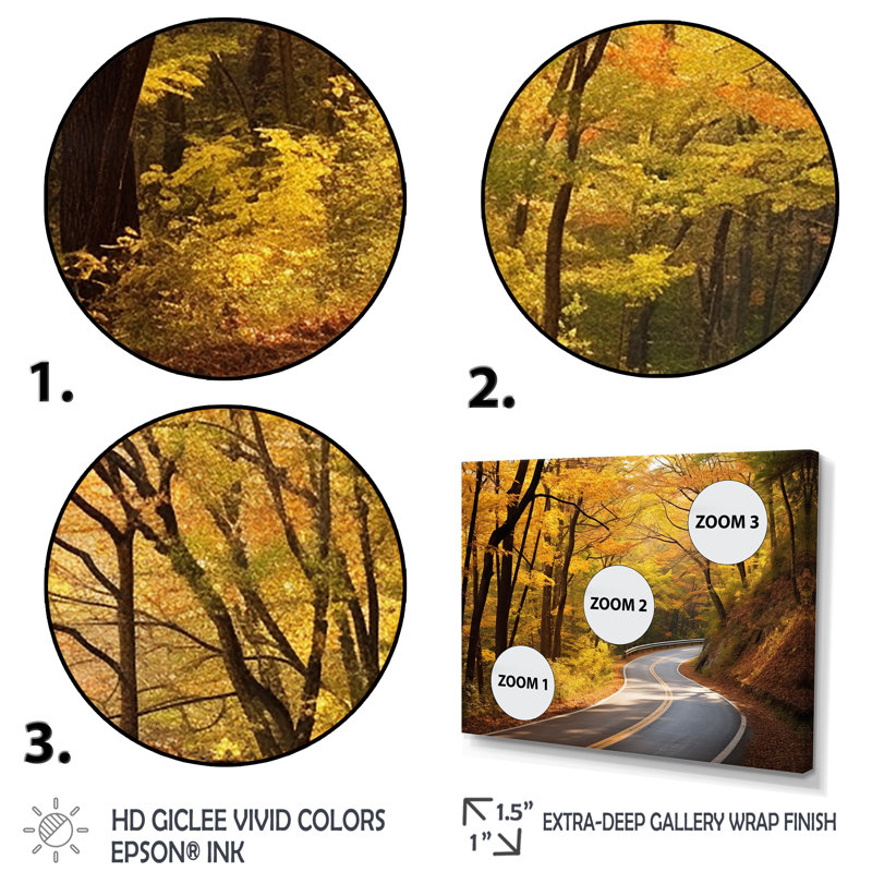 Automne, route dans la forêt II - art mural route, Cadre flottant doré, H 12 po x l 20 po x P 1 po