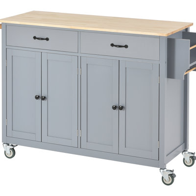 Grey Blue Kitchen Island Cart With Solid Wood Desktop, 4 Door Cabinet, 2 Drawers, Spice & Towel Rack, Locking Wheels Top,
