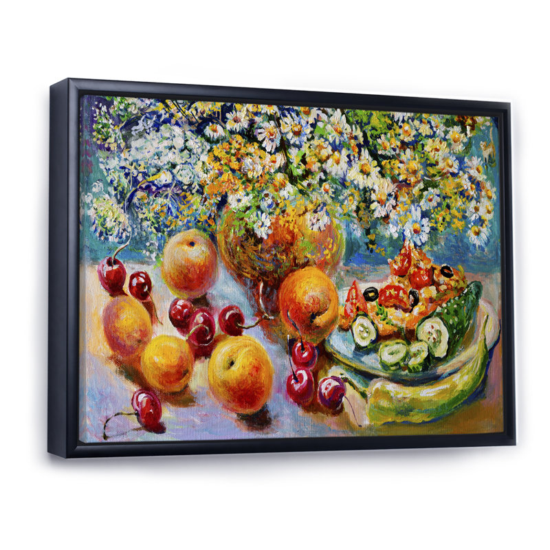 Peinture de fruits et de fleurs, nature morte, H 30 po x l 40 po x P 1,5 po, Cadre flottant noir