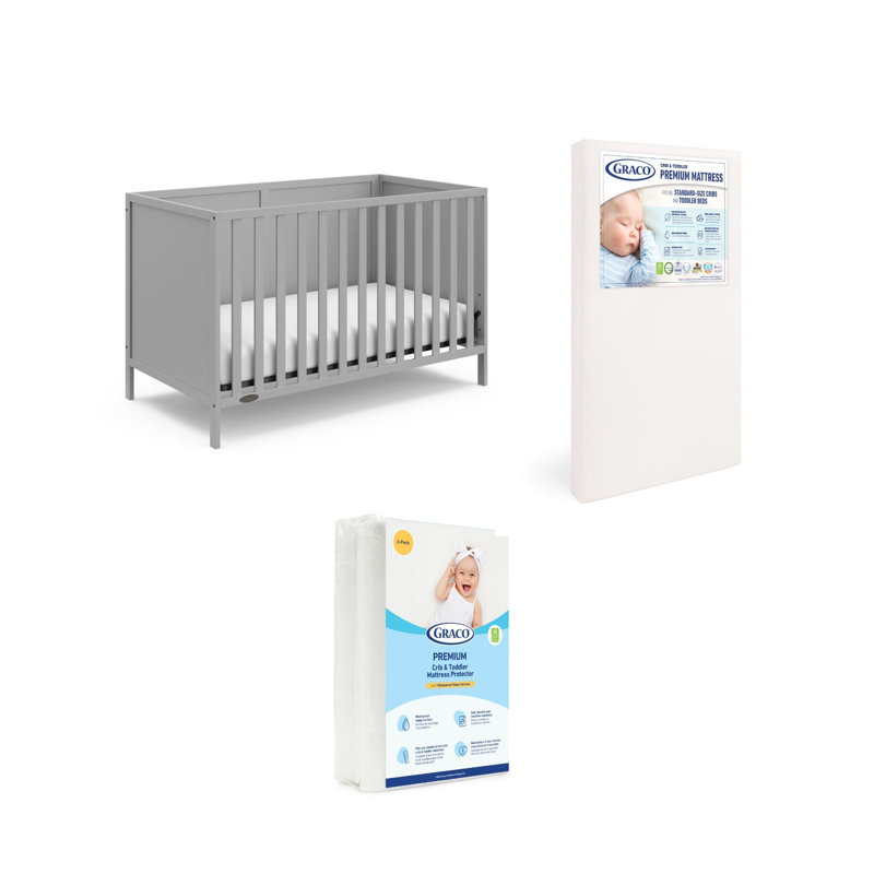 Theo 3-In-1 Convertible Crib With Drawer, Pebble Gray, Crib + Mattress + Protector