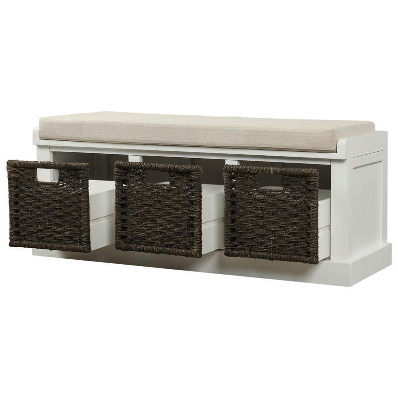 Rustic Storage Bench with 3 Removable Classic Rattan Basket , Entryway Bench with Removable Cushion , White