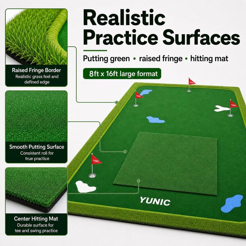 YUNIC - Grand green de golf de 16 pi x 8 pi avec tapis de frappe central intégré, tapis de golf professionnel pour l'entraînement en extérieur et en extérieur