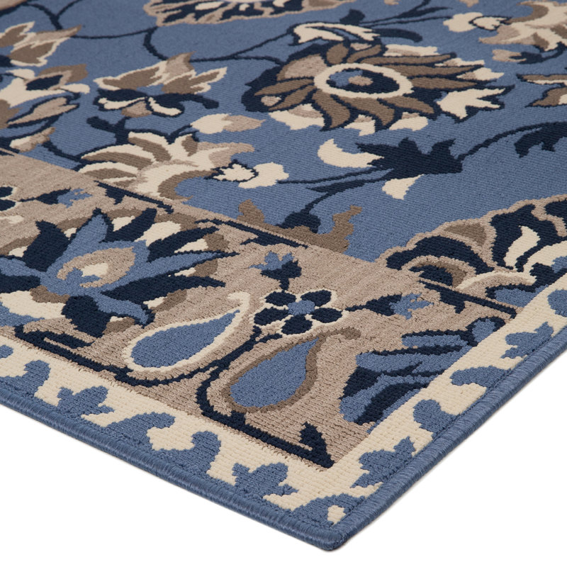 Tapis oriental rectangulaire en polypropylène tissé à la machine en bleu / brun Bejamin, Rectangle 5 pi 3 po x 7 pi 3 po