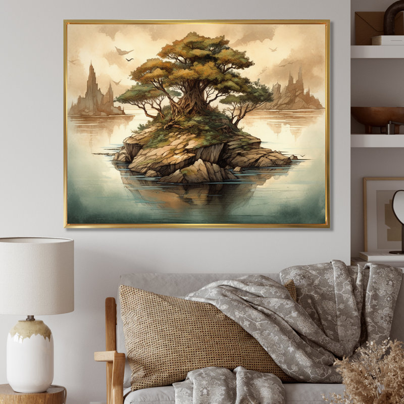 «Ruttger Bonsai Tree Island I», reproduction sur toile, H 34 po x l 44 po x P 1,5 po, Cadre flottant doré