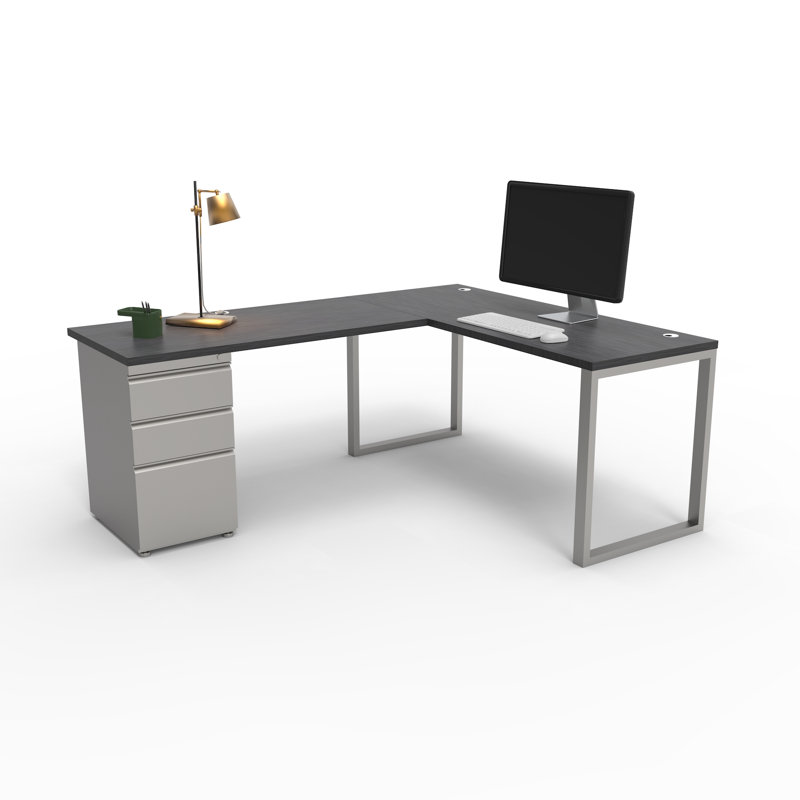 The City, Modern L-Shaped Office Desk for Office and Home, Charcoal Strand Top with Brushed Silver Frame