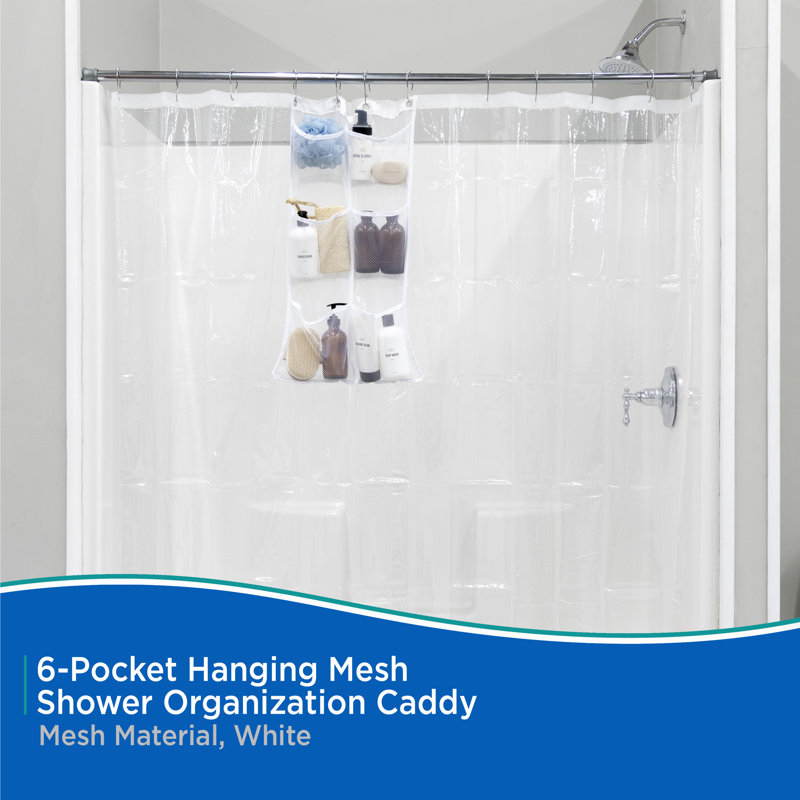 White Mesh Hanging Shower Organizer with 6 Pockets