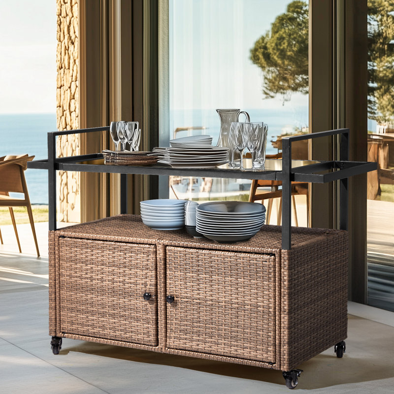 Black Rattan Bar Table With Wheels, Brown