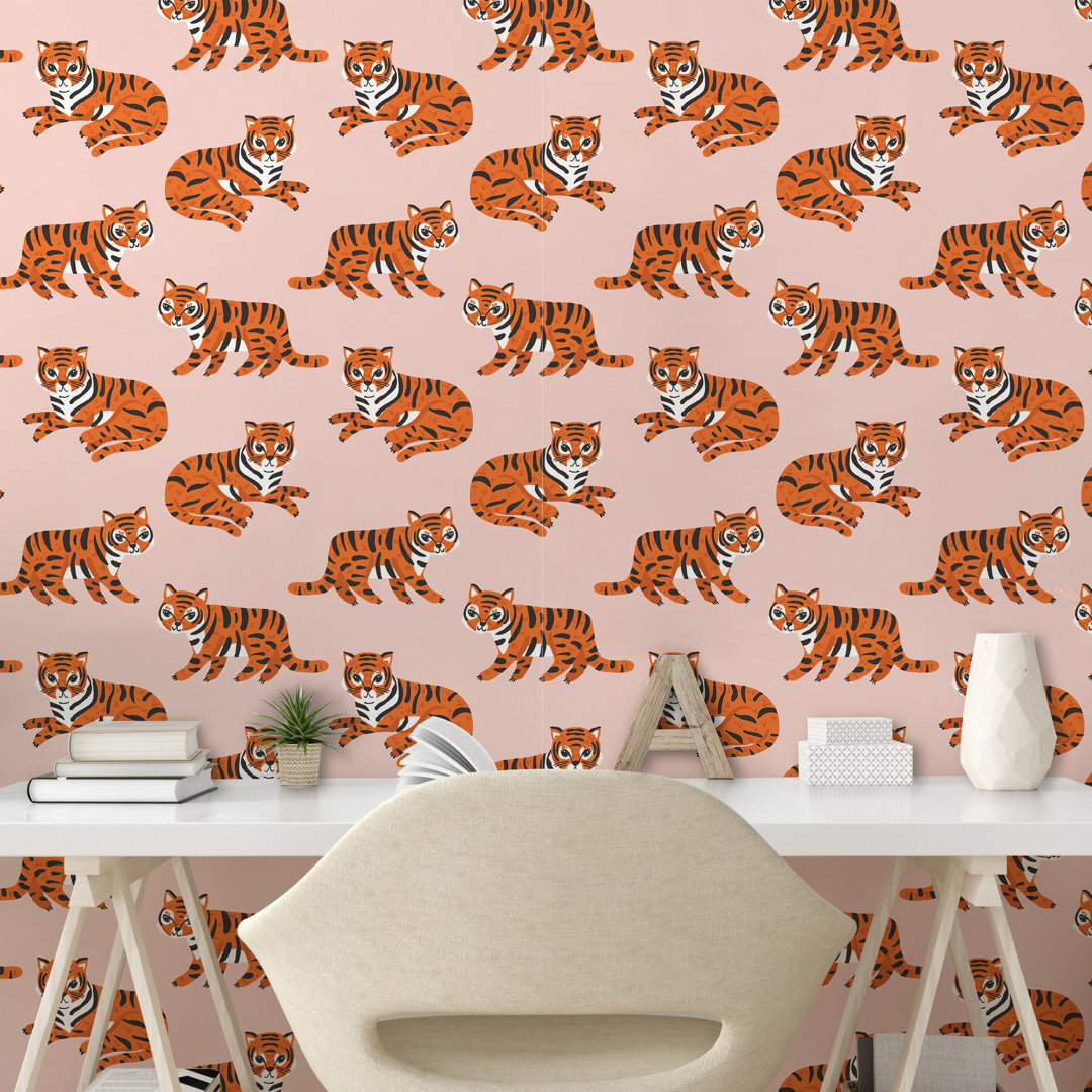 Abzieh- und Klebetapete, Childish Spaß Tiger-Muster, Safari, Blush orange und Dunkelgrau