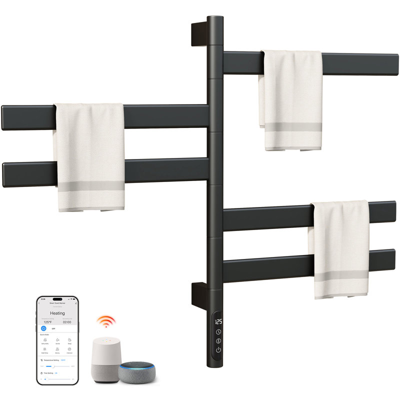 Porte-serviettes chauffant rotatif ENZE pour salle de bain, chauffe-serviettes électrique mural 5 barres 120W avec barres pivotantes, contrôle d'application Wi-Fi, minuterie 24H, acier inoxydable, IPX5, câblé / à brancher, noir mat