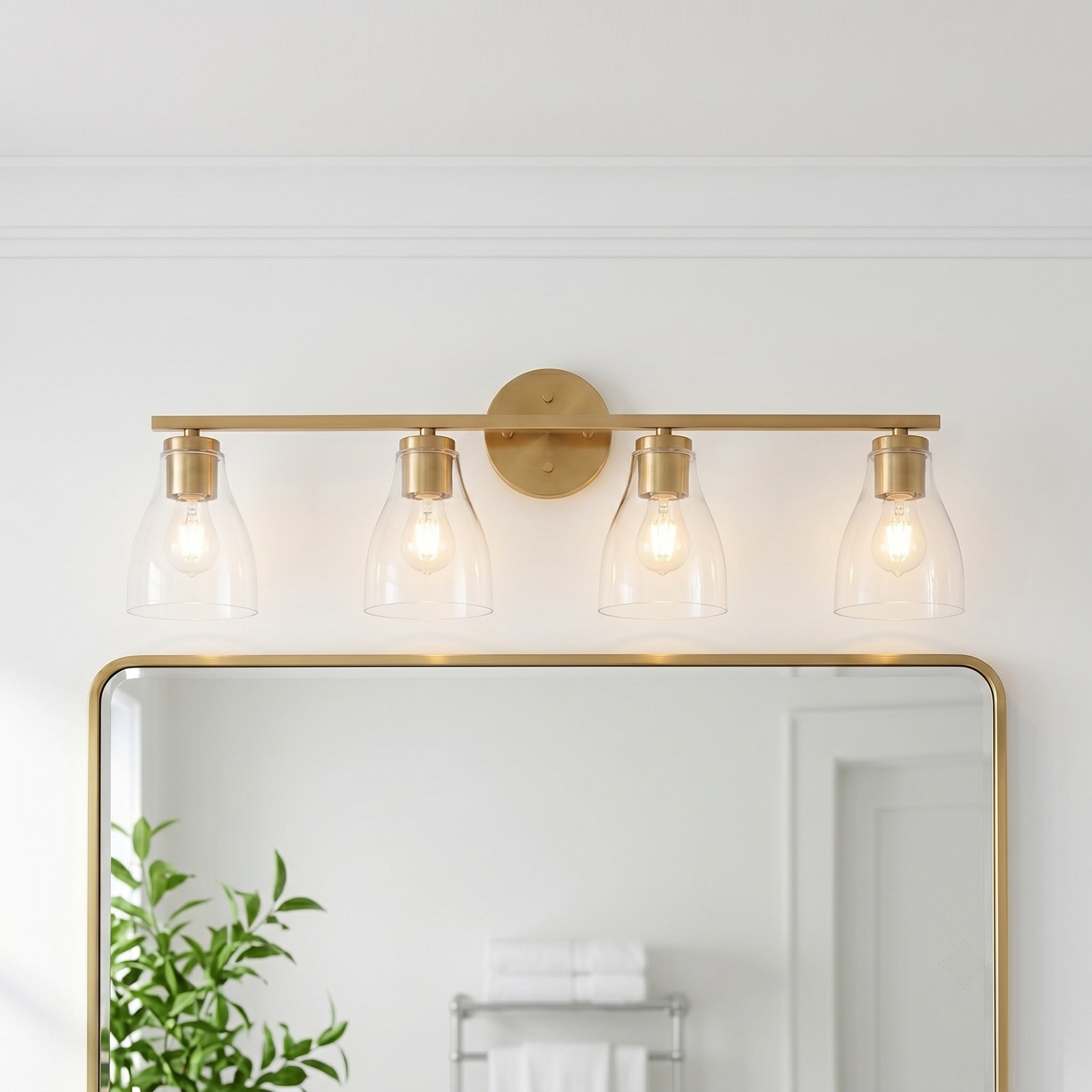 Modern Clear Glass Shade Vanity Wall Light With Steel Frame, Gold, 10" H x 31.7" W x 6.5" D, 4 Lights