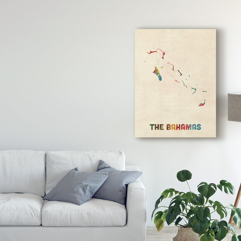 « the bahamas map aquarelle », impression sur toile tendue, H 24 po x l 18 po x P 2 po