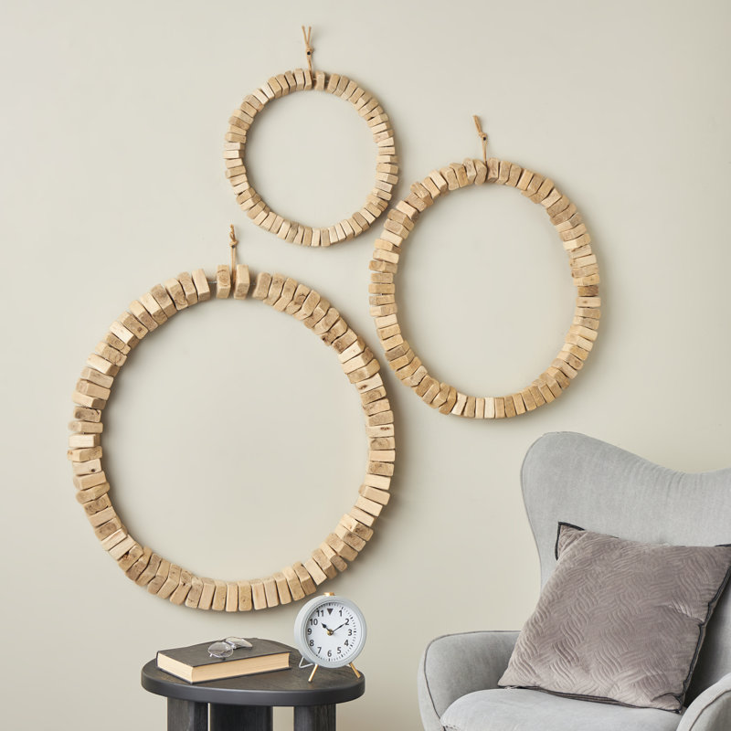 Wood Beaded Abstract Home Brown Wall Decor With Hanging Rope Set