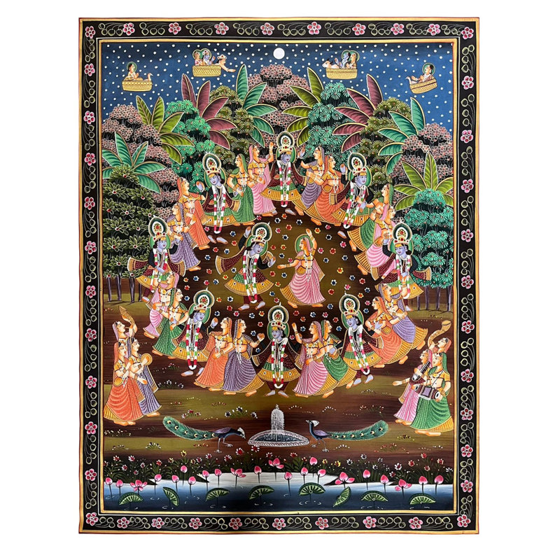 Lord Krishna dansant avec Radha | Art Pichwai | Aquarelle sur coton