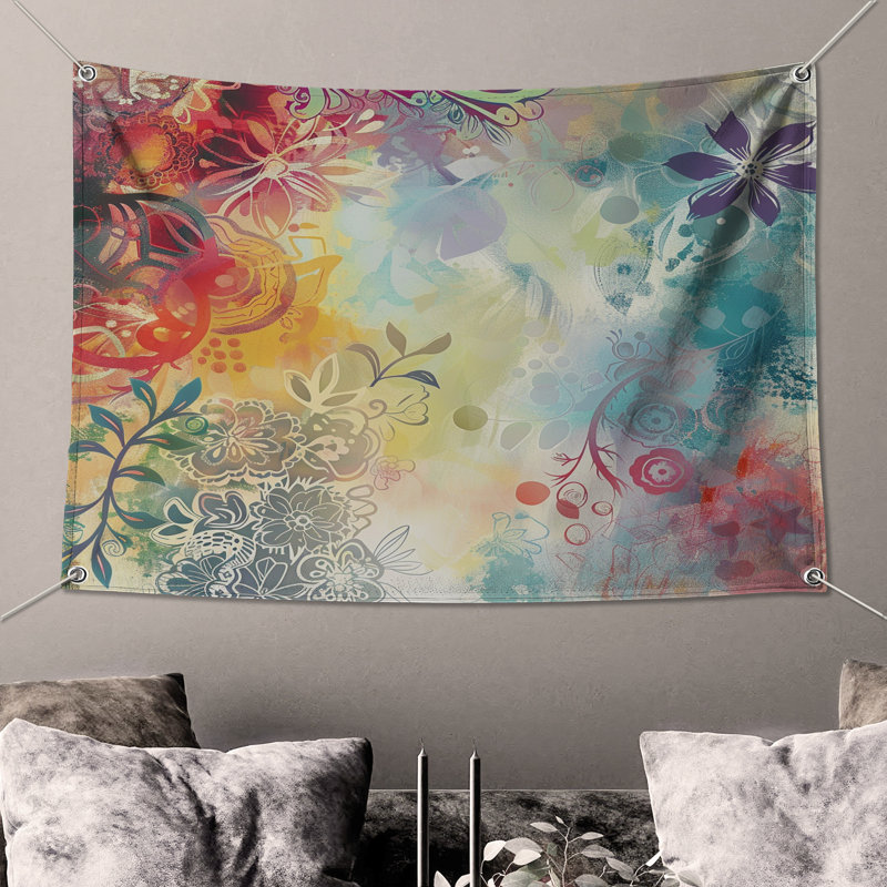 Tapisserie florale - Art mural, H 68 po x l 80 po avec 4 œillets