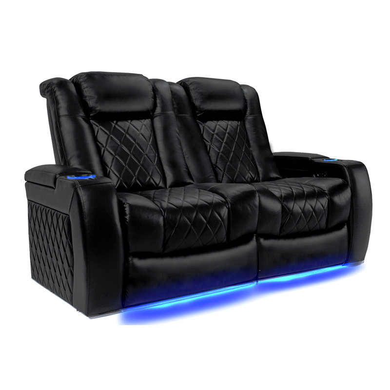 Cinéma maison inclinable électrique en cuir véritable 65 po avec porte-gobelet Tuscany, Cuir véritable noir minuit