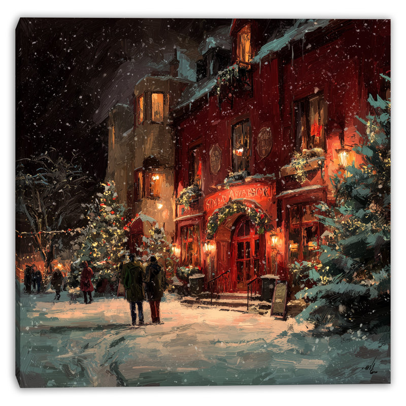 «Festive Red Inn at Night», art mural sur toile tendue, 20 po x 20 po