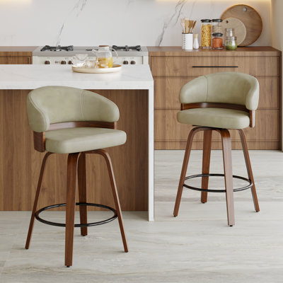 26" Swivel Faux Leather Counter Stool With Walnut Wood Frame
