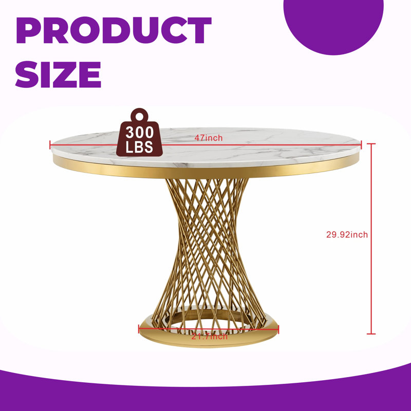 Table de salle à manger 47 po ronde en faux marbre avec base en acier inoxydable doré - Table de cuisine moderne pour salle à manger, blanc et or