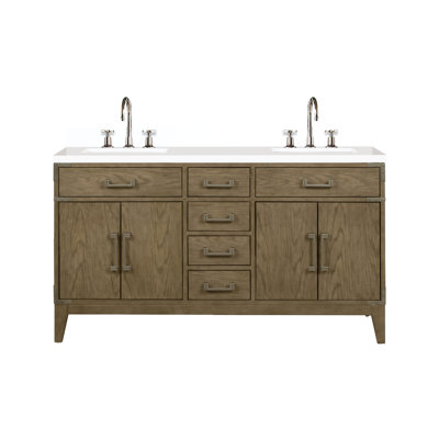 Meuble-lavabo double en chêne gris 60 po X 22 po, comptoir et robinet en quartz blanc - rangement généreux avec compartiments à fermeture en douceur, grand tiroir à tablettes