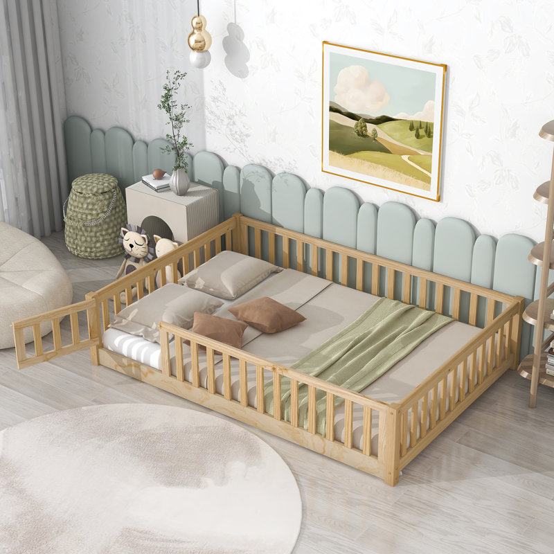 Finka Kids Floor Platforms Bed With Fence and Door, Full, Natural
