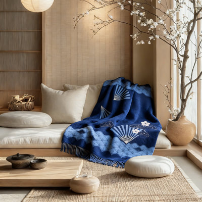 100% Australian Wool Throw Blanket With Fringes, Hanami Blue Cherry Blossom 50"x60 "