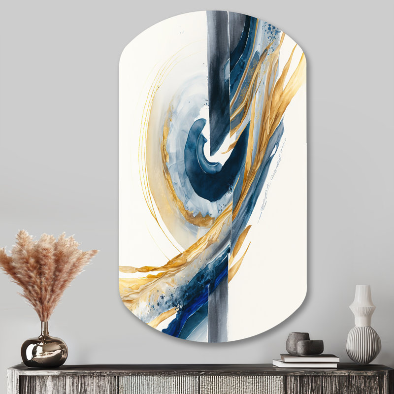 Blue And Gold Swirl Abstract V - Abstract Spirals Asymmetrical Metal Wall Decor, Modern Cylinder Metal Art Print