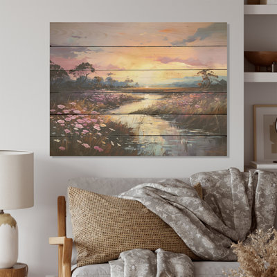 Fleur violette, sérénade au bord de la rivière I - Art mural en bois champ de fleurs sur bois de pin naturel