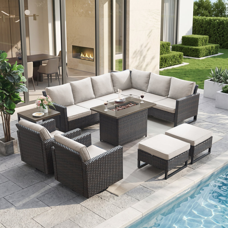 Kreda 7-Piece 8-Person Powder Coated Steel Outdoor Seating Group, Brown, Beige