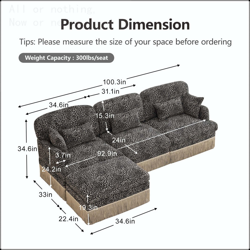 Canapé modulaire en chenille à imprimé léopard, 3 Seat L-Shaped, Chenille kaki