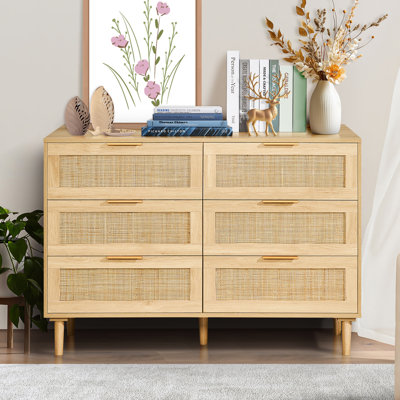 6 Drawer Rattan Dresser, Boho Dresser, Rattan Chest of Drawers with Spacious Storage, Rattan Dresser