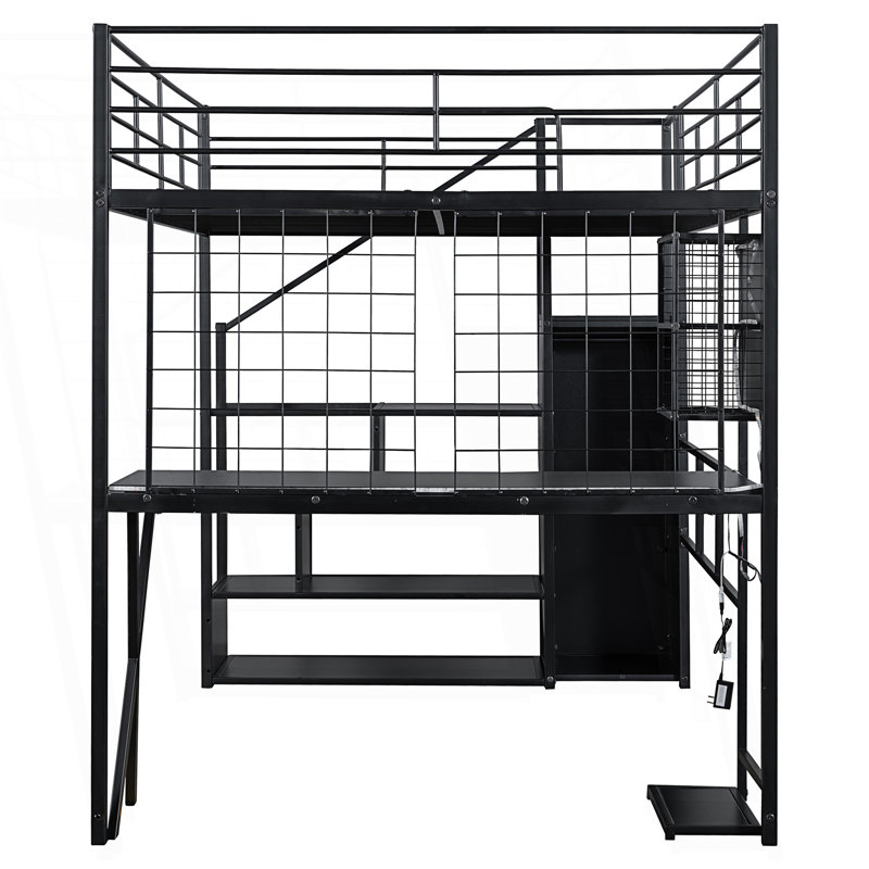 Lit mezzanine double en métal avec poste de travail intégré, garde-robe et DEL