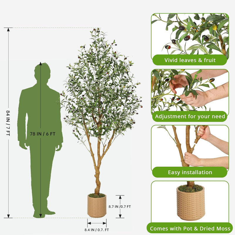 7/8 ft Artificial Olive Tree, Faux Silk Plant with Natural Wood Trunk & Lifelike Fruits in Planter, 84" x 25"