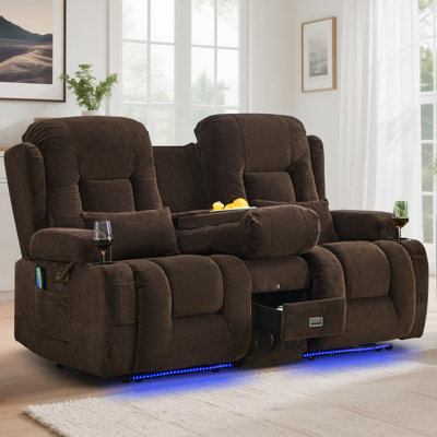 Power Reclining Sofa With Heat And Massage, Bluetooth Speakers And LED Lights, 3 Seater Dual Recliner Sofa With USB Ports And Cup Holders
