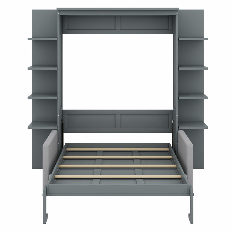 Armoire lit escamotable en bois avec tablettes de rangement et canapé, Gris
