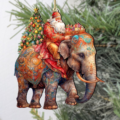 Santa on Elephant Wooden Ornament by G. Debrekht