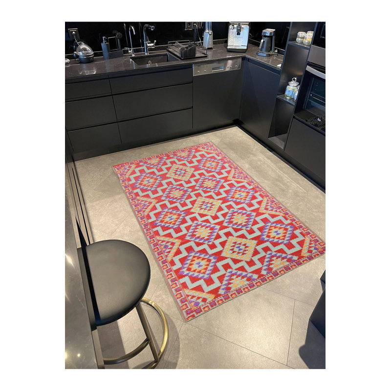 Tapis décoratif rouge à motif géométrique lavable à la machine, Sous-tapis rectangulaire de 3 pi 3 po x 4 pi 11 po