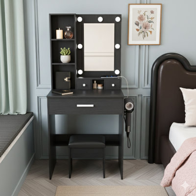 Vanity Table With Mirror And Adjustable LED Lights, Includes A Power Outlet, Hairdryer Holder, And Stool. A Compact Dressing Desk Designed For Small Bedrooms, In Black.