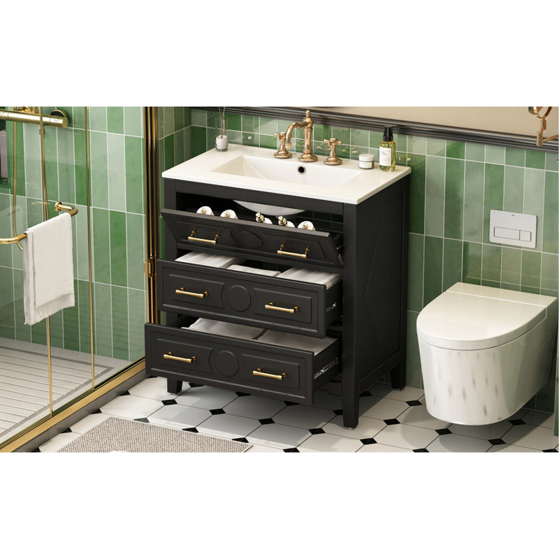 Meuble-lavabo de 30 po avec lavabo en céramique, 3 tiroirs, structure en bois massif, charnières réglables à fermeture en douceur, apparence classique, solution de rangement polyvalente, lavabo