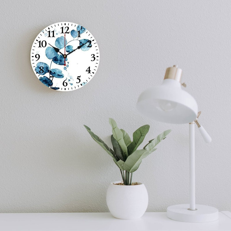 Horloge murale bleue 12 "x 12" en forme d'eucalyptus aquarelle bleue pour salle d'étude