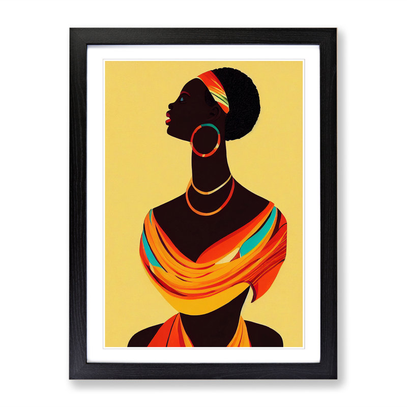 FRM-V0523-60X African Woman Retro - Single Picture Frame Print, 64cm H x 46cm W x 2cm D, Black Framed