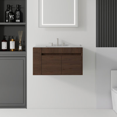 Meuble-lavabo flottant 30 po avec lavabo, porte à fermeture en douceur, comptoir en granite blanc 0,6 po et dosseret, contreplaqué, brun
